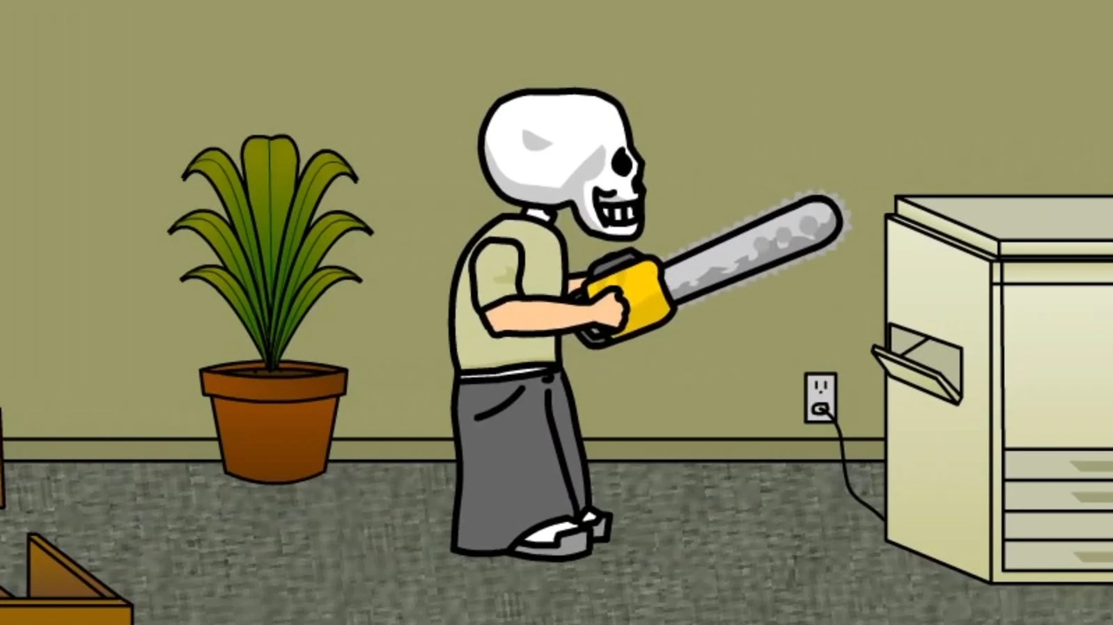 Skull Kid holding a chainsaw beside an office copier